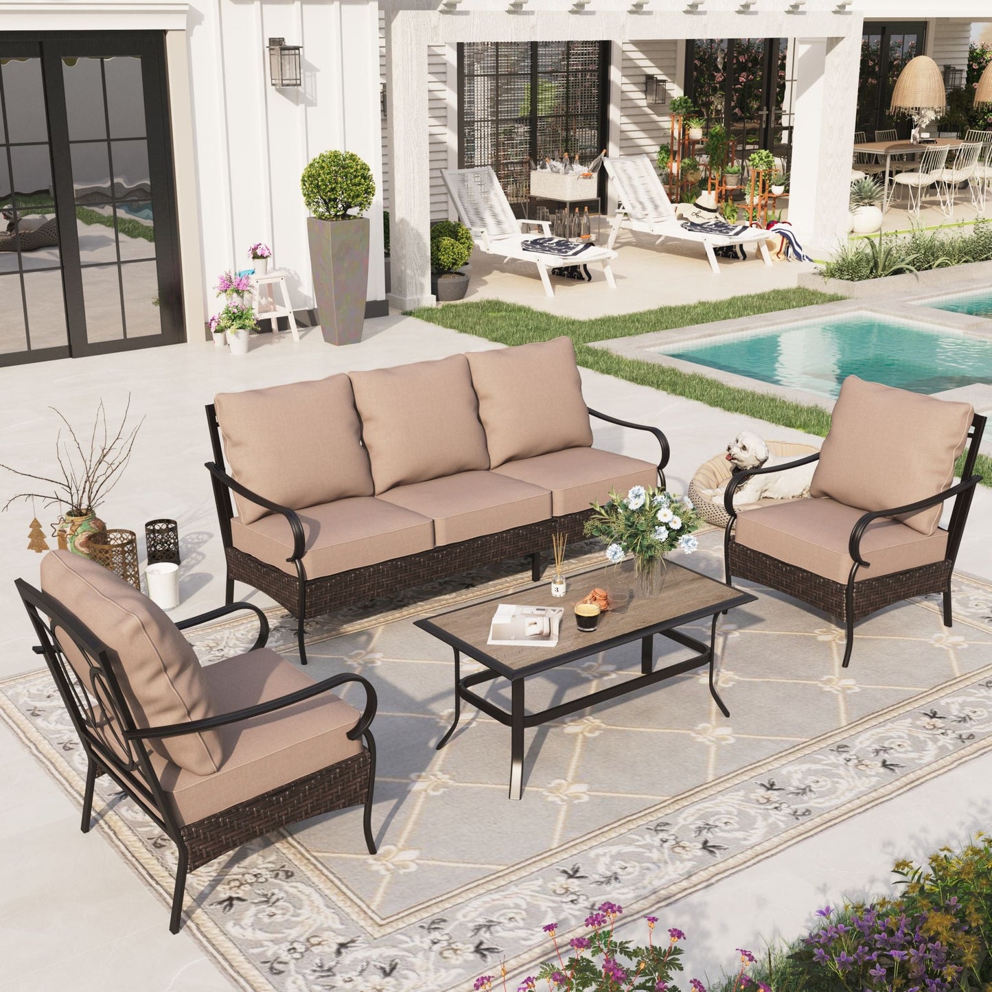 Sophia & William 4 Piece Metal Patio Conversation Sofa Set 5-Seat Outdoor Sectionals