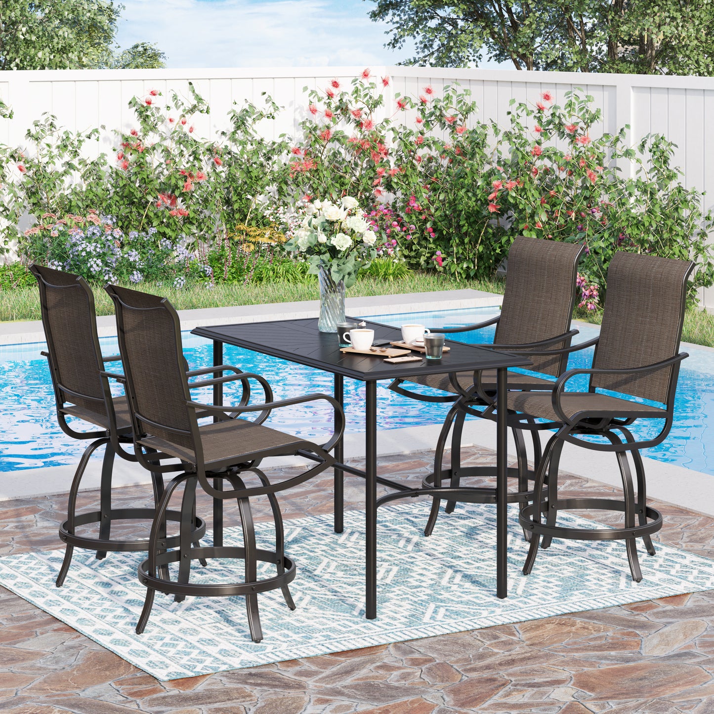 Sophia & William 5 Pieces Swivel Bar Set Rattan Backrest and Padded Cushion Bar Chair & Rectangular Metal Table
