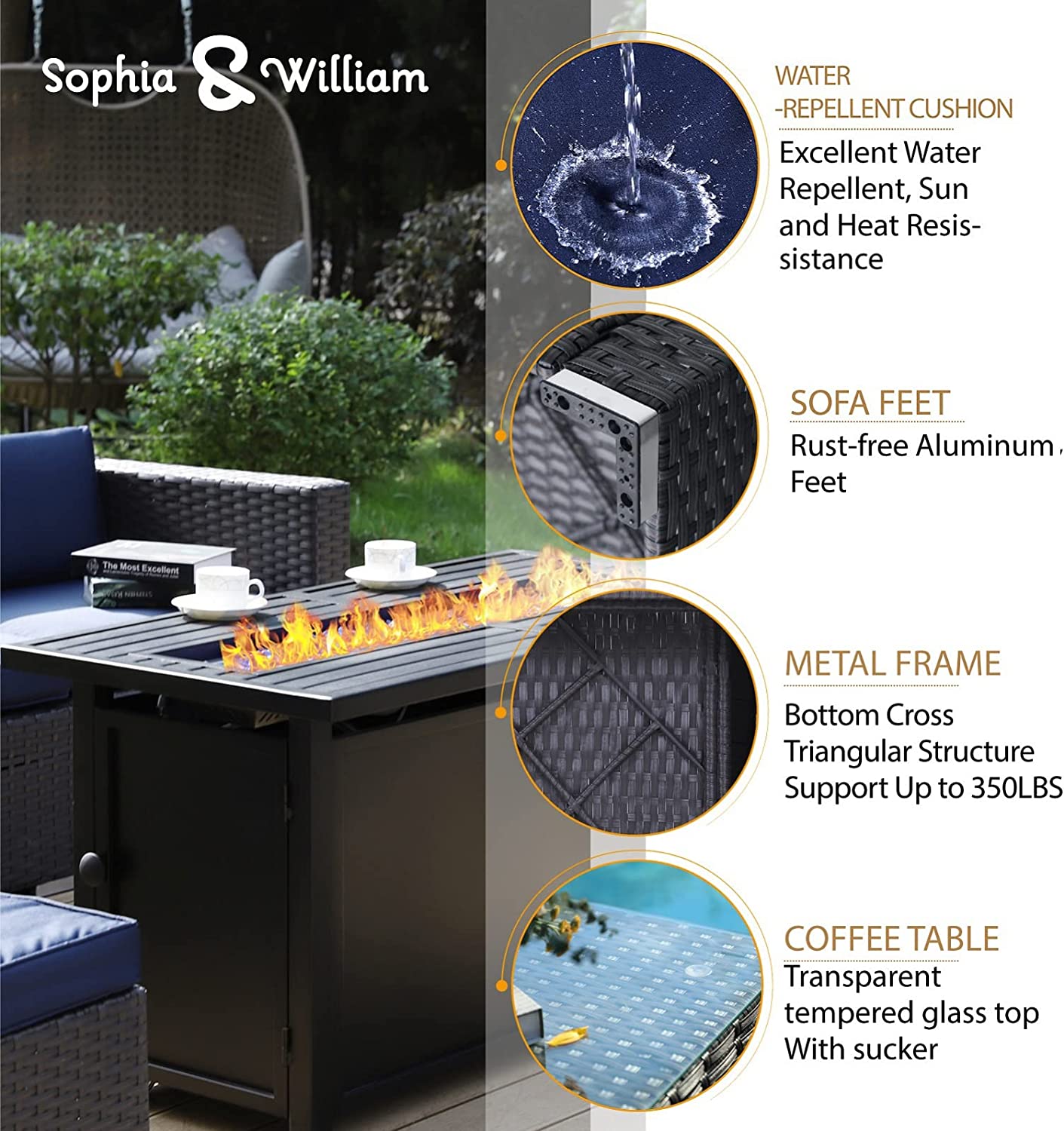Sophia & William 8 Pieces Outdoor Patio Furniture Set with 45-Inch 50,000BTU Fire Pit Table
