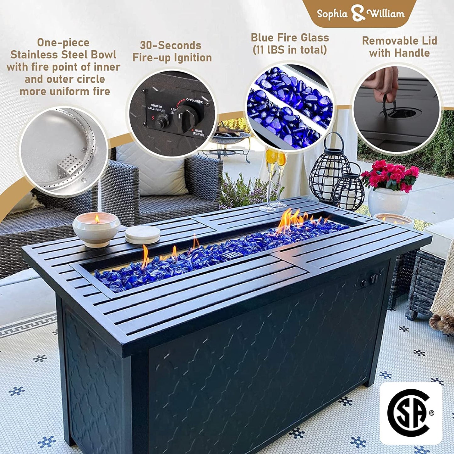 Sophia & William 8 Pieces Outdoor Patio Furniture Set with 45-Inch 50,000BTU Fire Pit Table