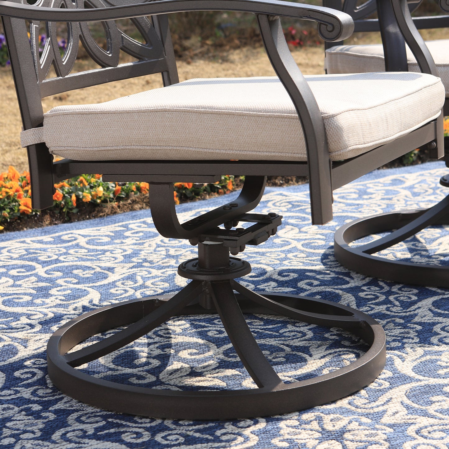 Sophia & William 7 Pieces Cast Aluminium Patio Dining Furniture Set for 6, Powder-coating Outdoor Swivel Rocking Dining Chairs and Round Table with 2.2" Umbrella Hole for Porch Backyard Deck, Bronze