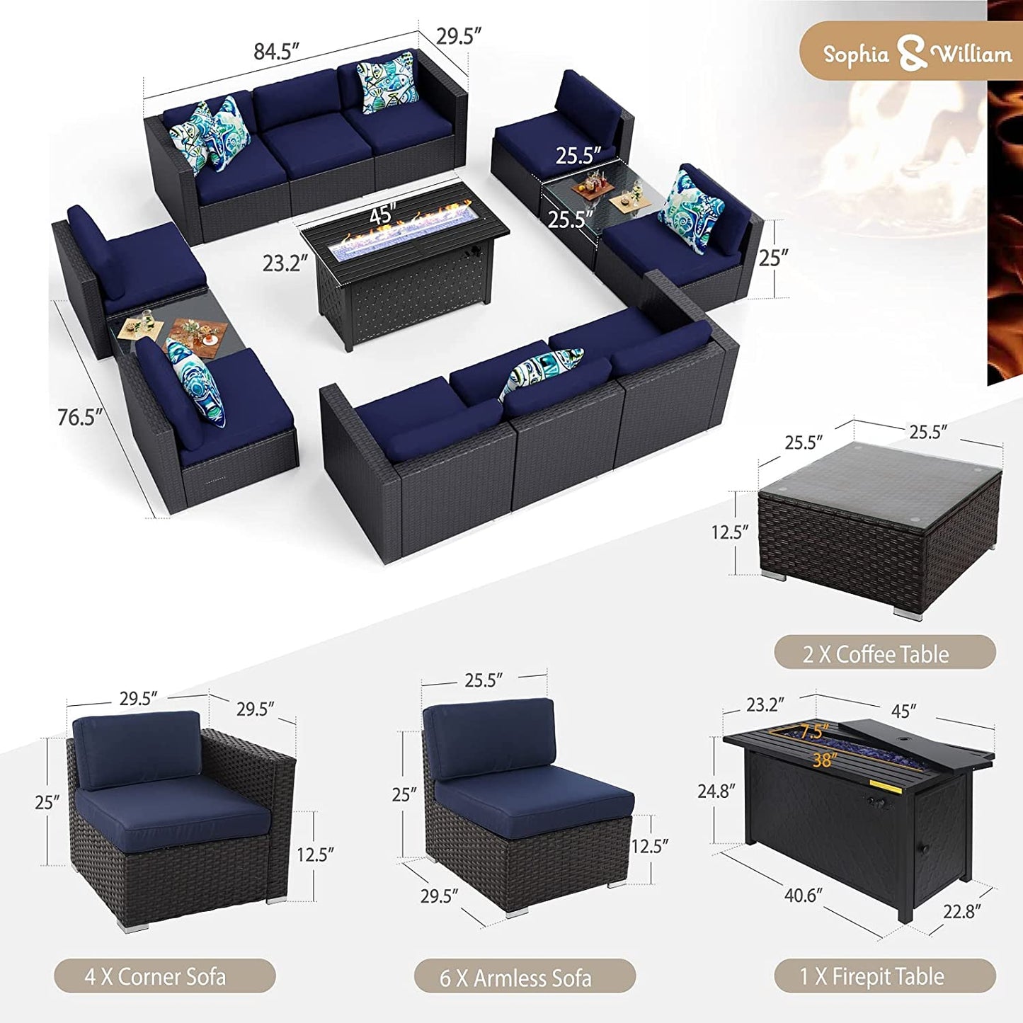Sophia & William 8 Pieces Outdoor Patio Furniture Set with 45-Inch 50,000BTU Fire Pit Table
