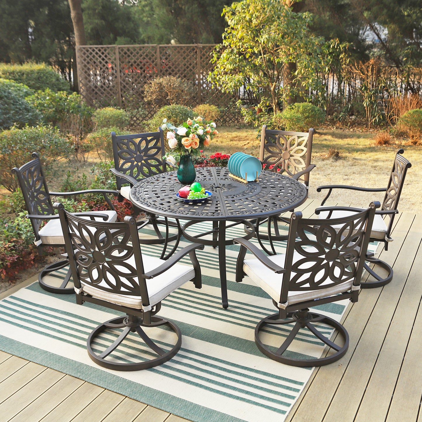 Sophia & William 7 Pieces Cast Aluminium Patio Dining Furniture Set for 6, Powder-coating Outdoor Swivel Rocking Dining Chairs and Round Table with 2.2" Umbrella Hole for Porch Backyard Deck, Bronze