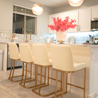Elegant PU Leather Bar Stools with Backs and Gold Metal Frame, White