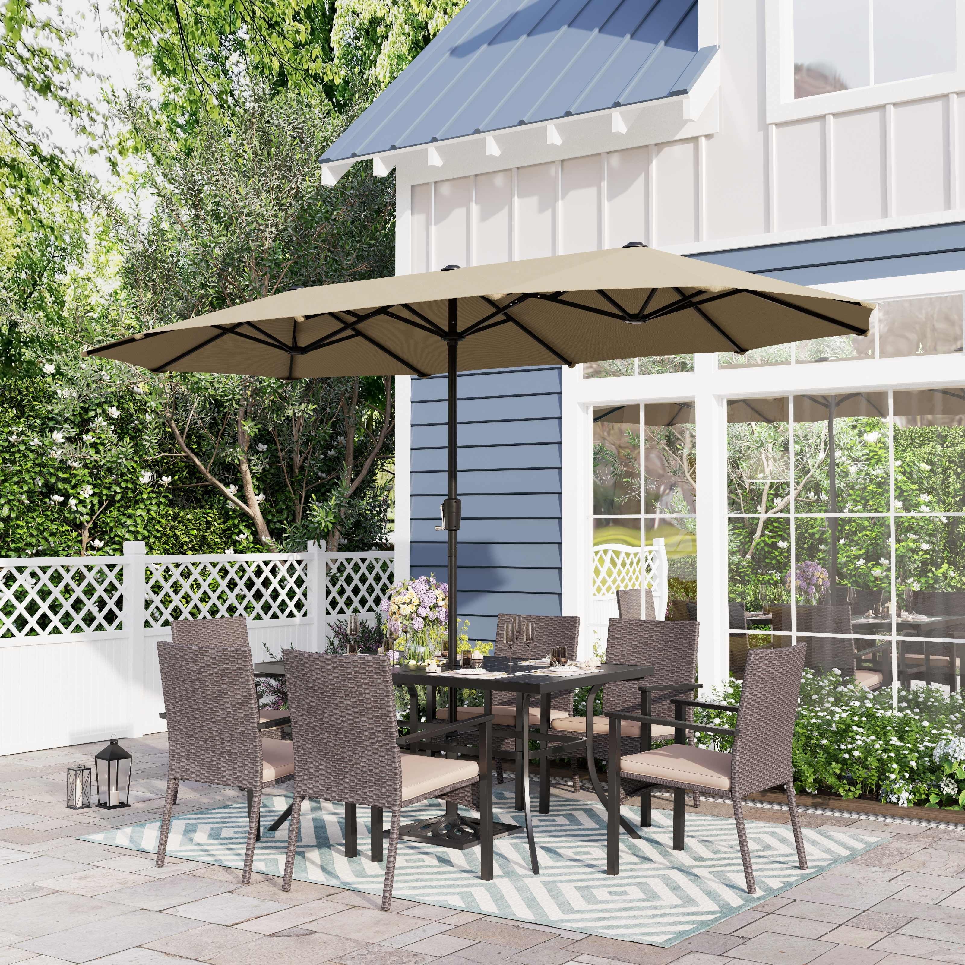 Sophia William 8 Piece Outdoor Patio Set with 13 ft Umbrella Rattan Chairs Rectangle Table for 6 Beige Umbrella