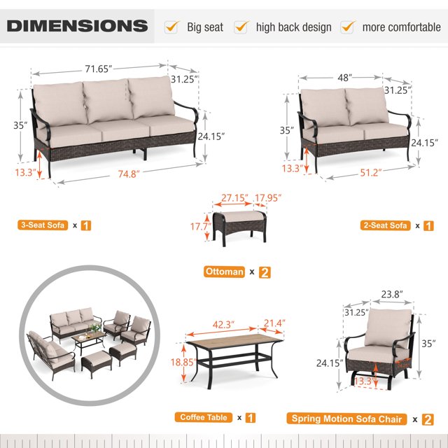 Sophia & William 7 Piece Metal Patio Conversation Sofa Set 9-Seat Outdoor Sectionals
