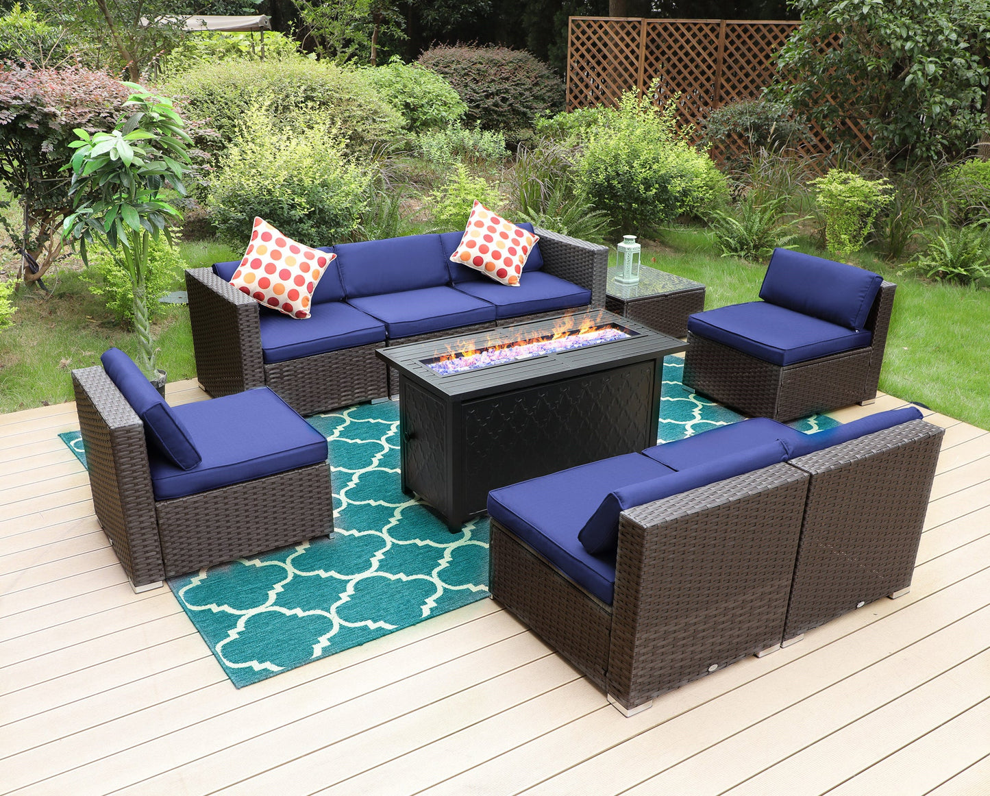 Sophia & William 9 Pcs Rattan Patio Conversation Set Outdoor Sectionals with Fire Pit Table - Navy Blue
