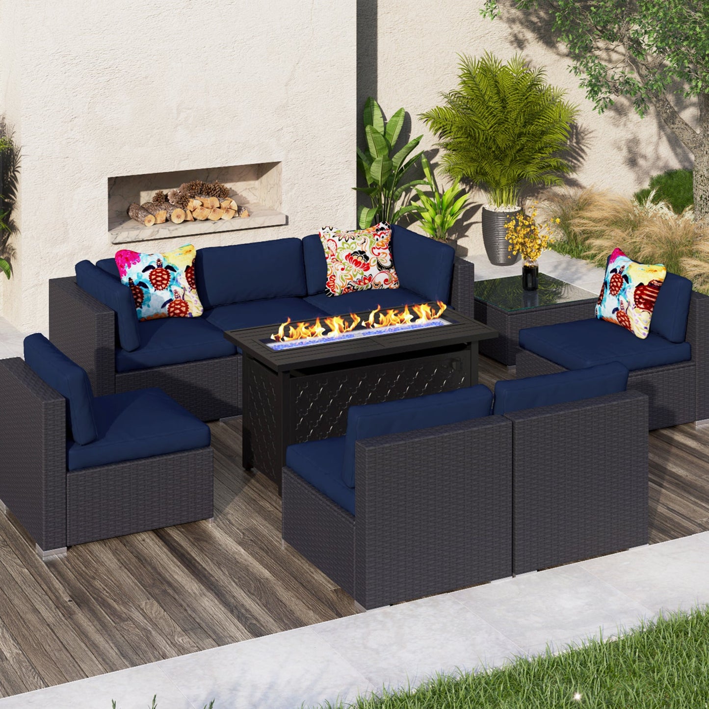 Sophia & William 9 Pcs Rattan Patio Conversation Set Outdoor Sectionals with Fire Pit Table - Navy Blue