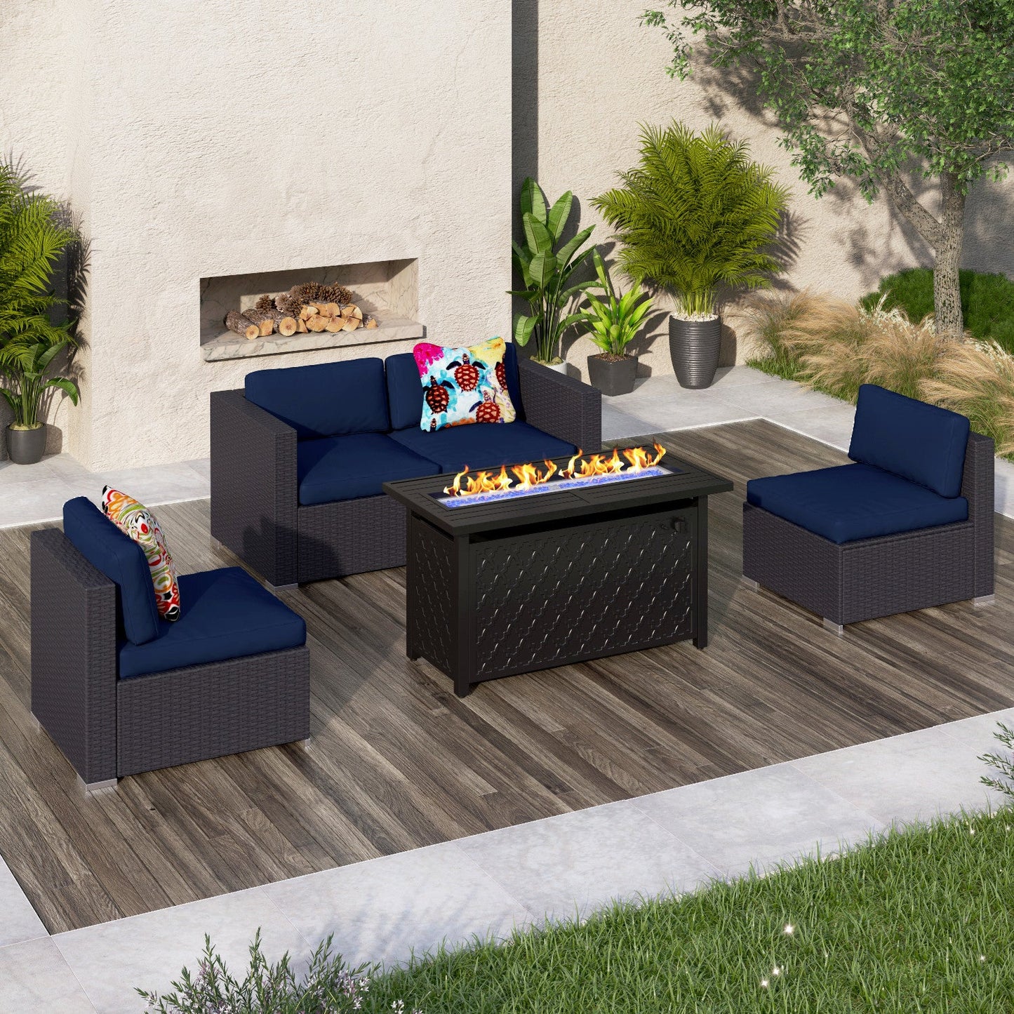 Sophia & William 5 Pcs Rattan Patio Conversation Set Outdoor Sectionals with Fire Pit Table - Navy Blue