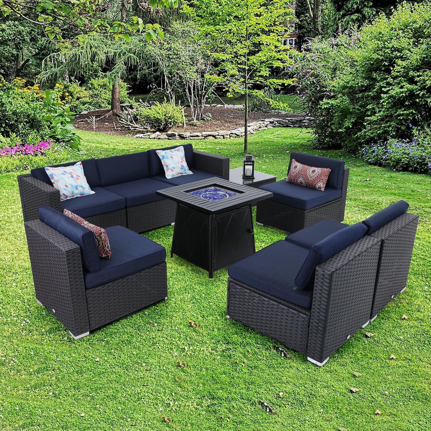 Sophia & William 9 Pcs Rattan Patio Conversation Set Outdoor Sectionals with Fire Pit Table - Navy Blue