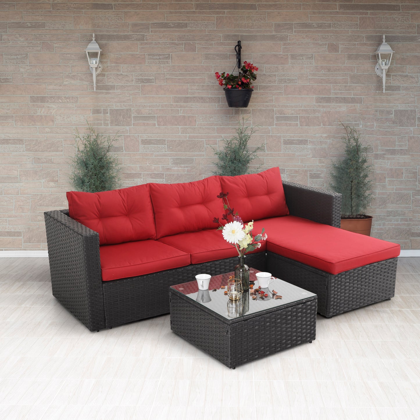 Sophia & William 3 Pieces Outdoor Wicker Rattan Sectionals Patio Conversation Sets - Red