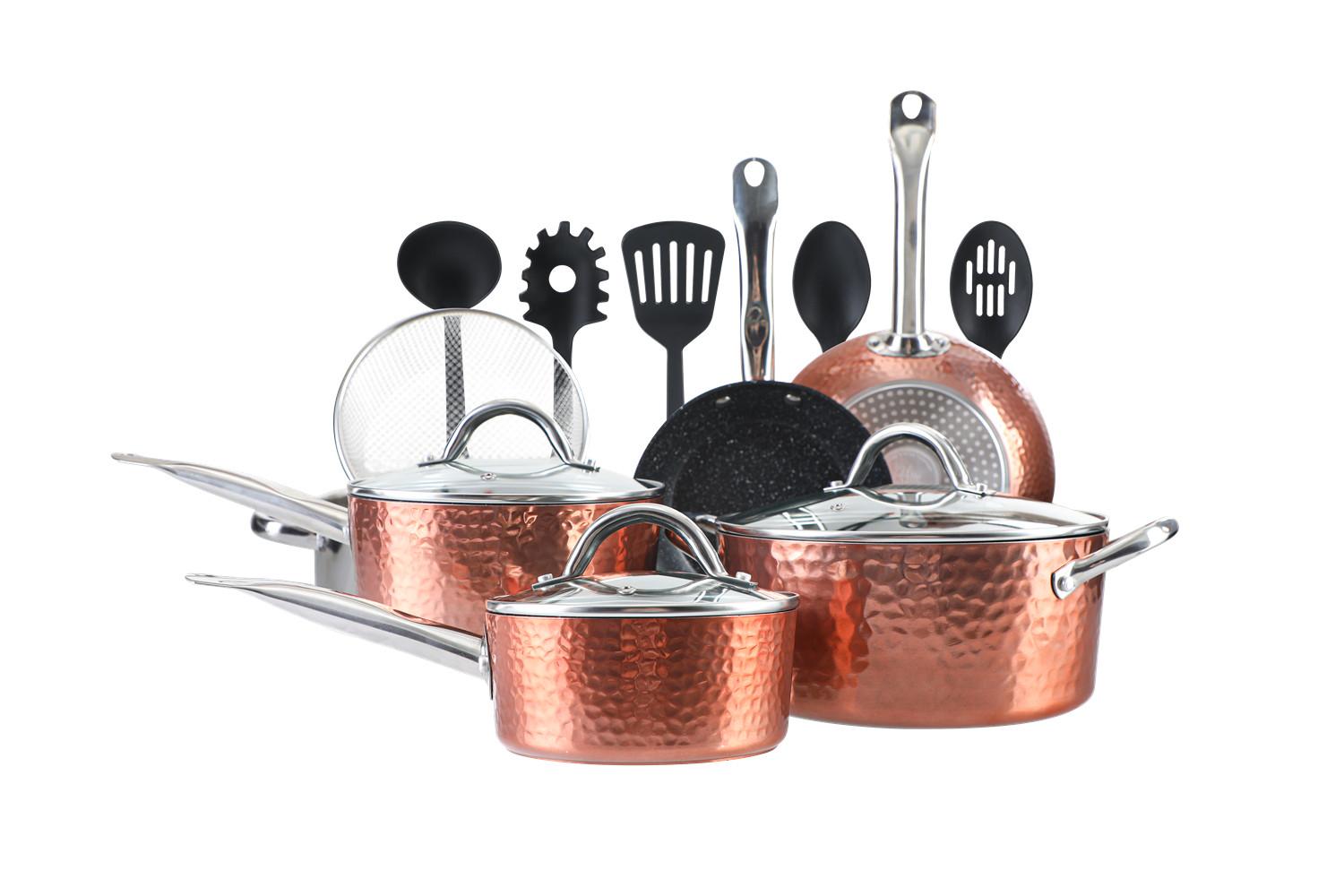 15 Piece Nonstick Kitchen Cookware Sets - Granite Hammered Pots