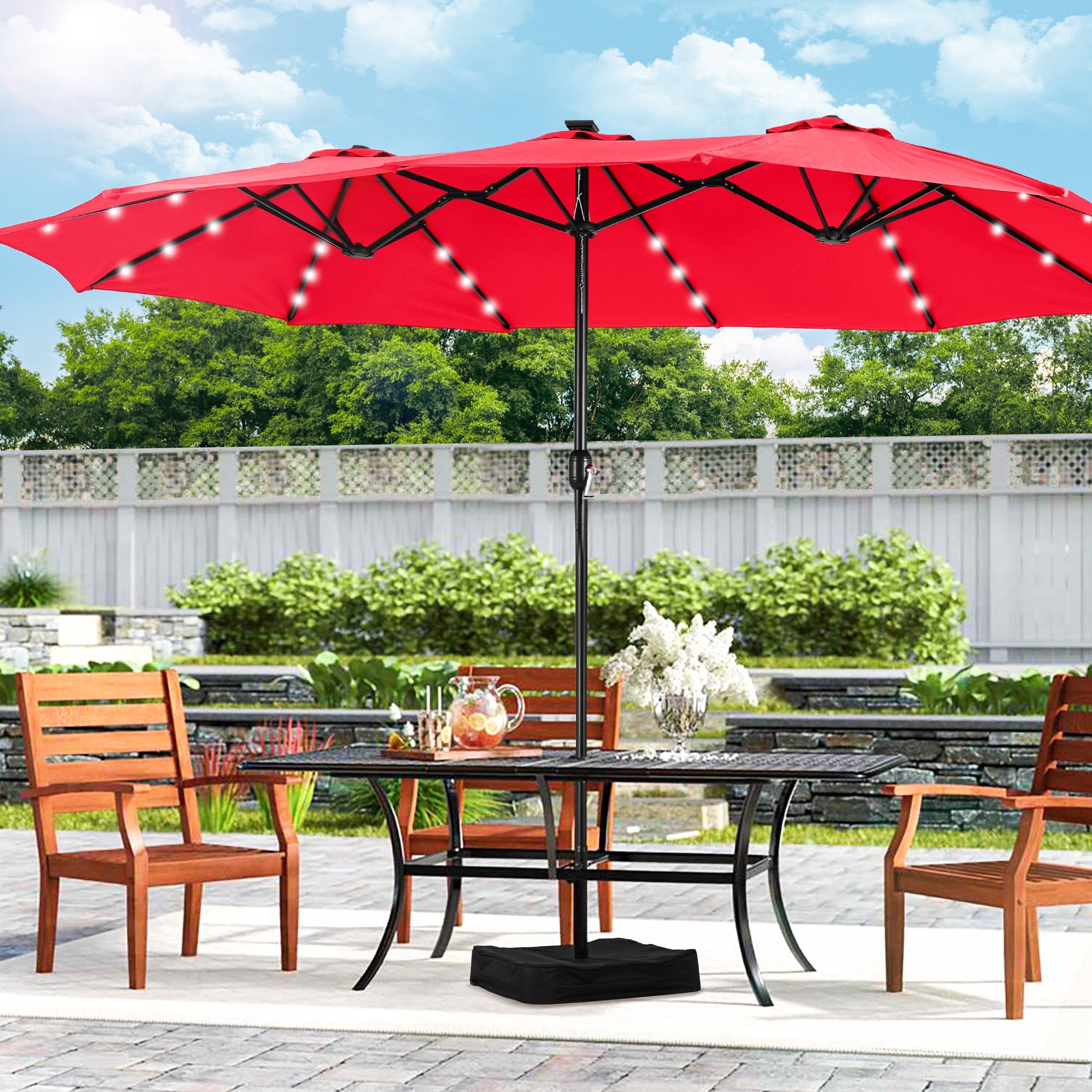 extra tall patio umbrella stand 15ft Extra Large Outdoor Patio Double-Sided Umbrella with Solar Lights