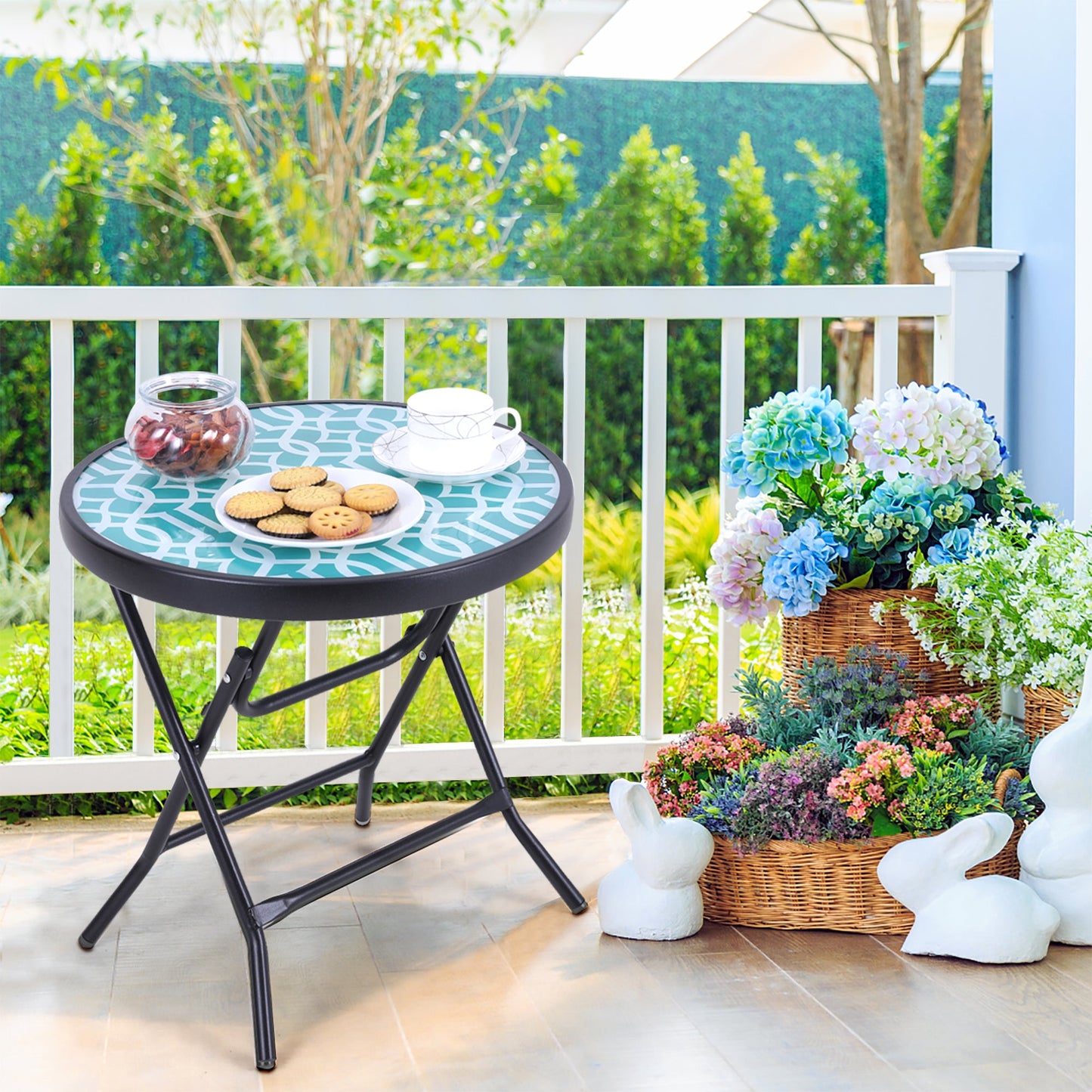 Sophia & William 18 inch Patio Round Folding Side Table Small Portable Bistro Coffee Table Tempered Glass Top