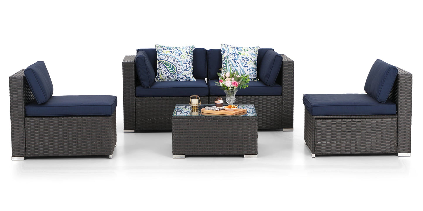 Sophia & William 5 Pcs Wicker Rattan Outdoor Sectionals Patio Conversation Sets - Blue