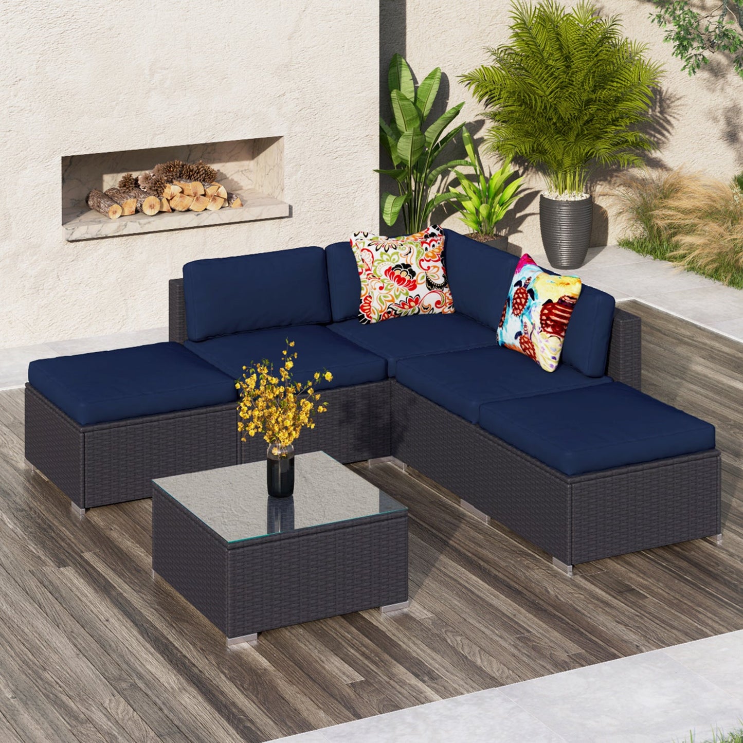 Sophia & William 6 Pcs Wicker Rattan Outdoor Sectionals Patio Conversation Sets - Blue
