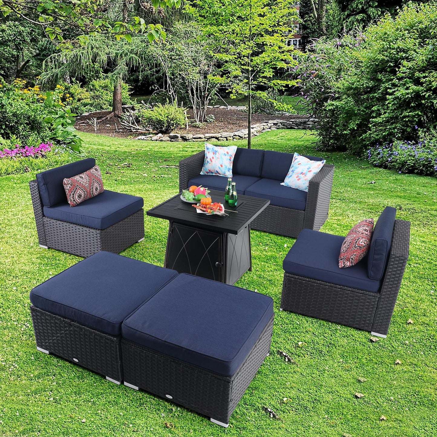 Sophia & William 7 Pcs Rattan Patio Conversation Set Outdoor Sectionals with Fire Pit Table - Navy Blue