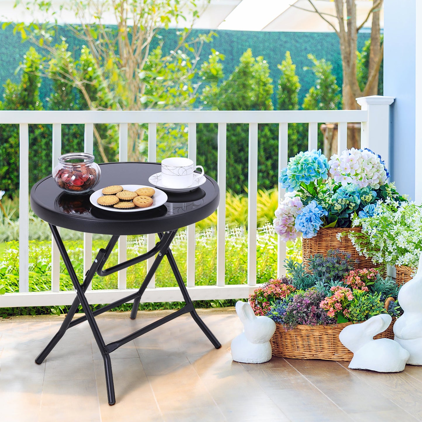 Sophia & William 18 inch Patio Round Folding Side Table Small Portable Bistro Coffee Table Tempered Glass Top Black
