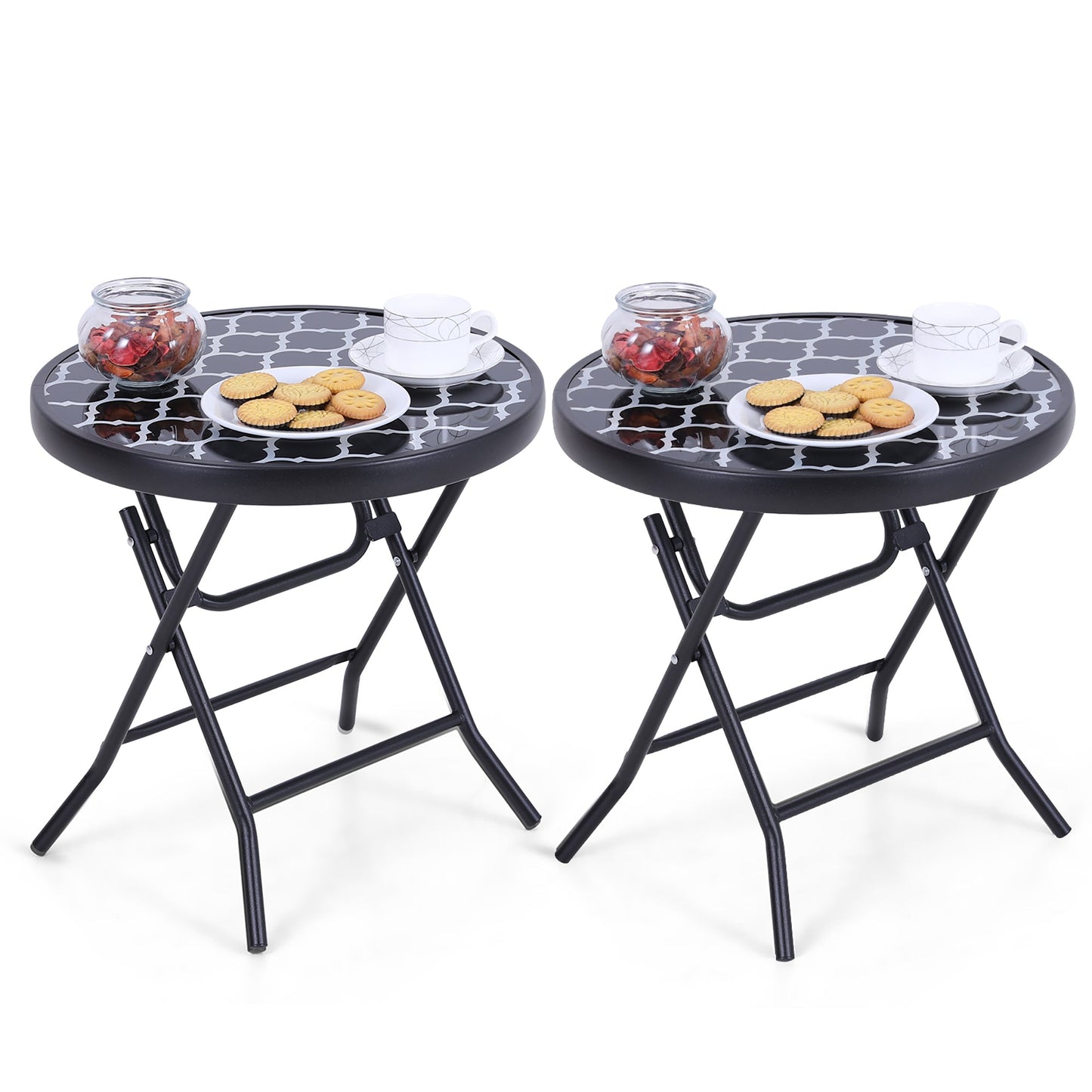 Sophia & William 2 Piece 18 inch Patio Round Folding Side Table Small Portable Bistro Coffee Table Tempered Glass Top