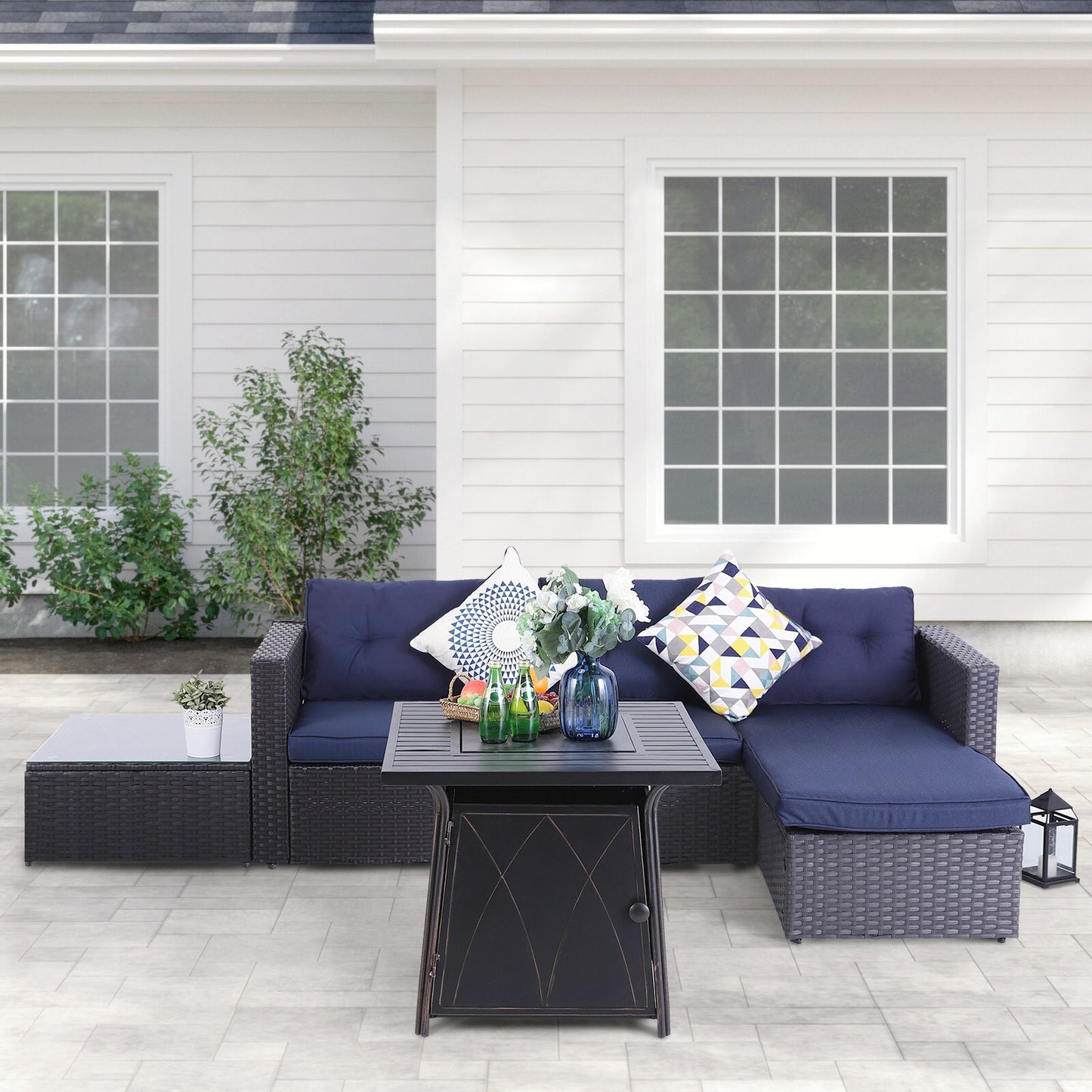 Sophia & William 4 Pieces Wicker Outdoor Sectionals with Fire Pit Table, Navy Blue