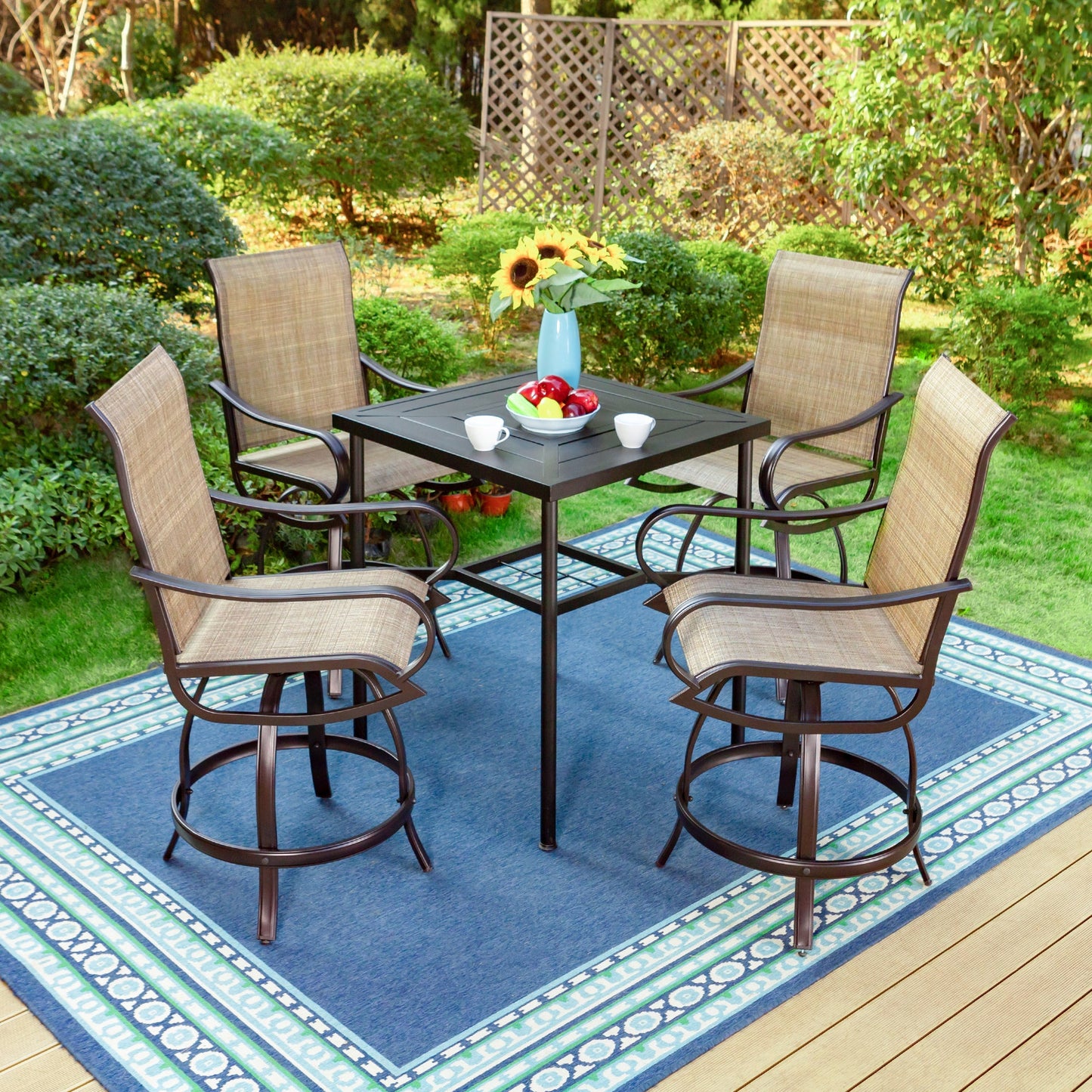 Sophia & William 5 Pieces Outdoor Metal Bar Stools and Table Set-Brown