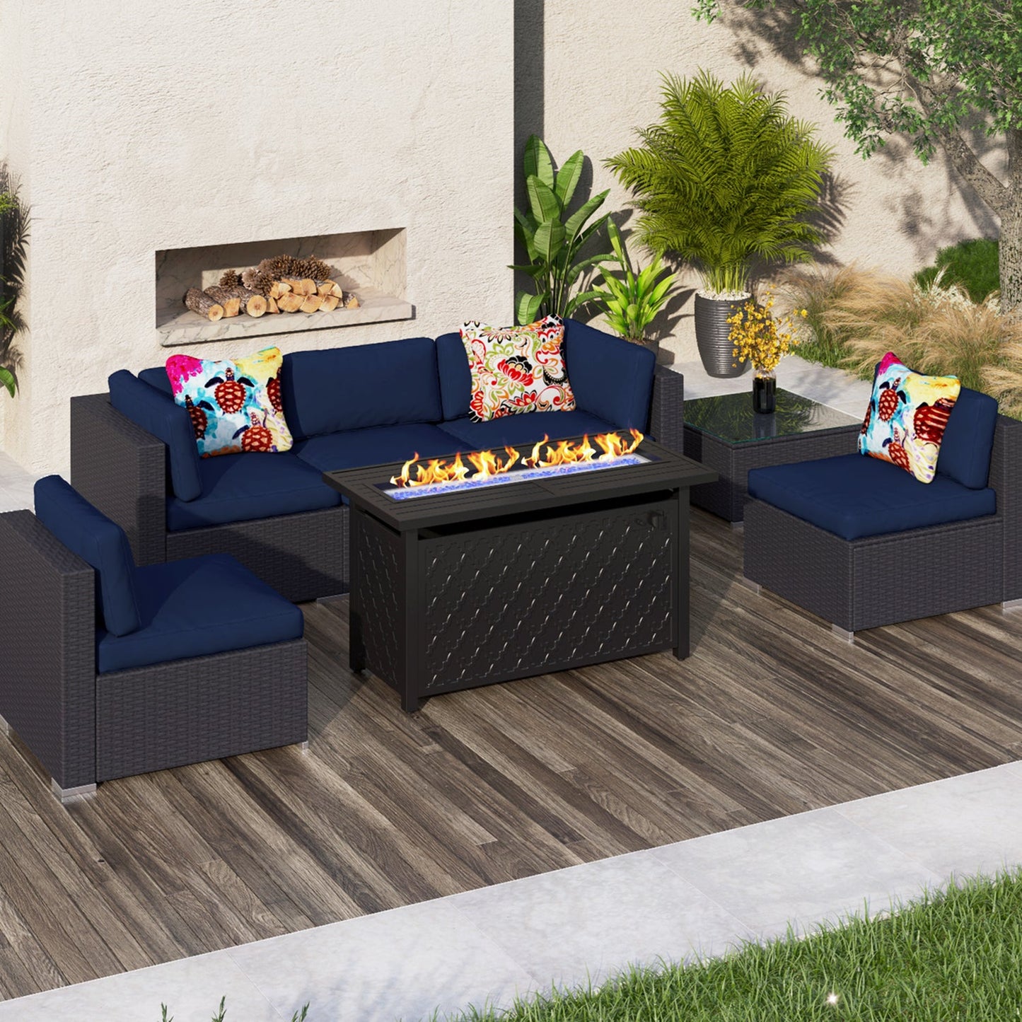 Sophia & William 7 Pcs Rattan Patio Conversation Set Outdoor Sectionals with Fire Pit Table - Navy Blue