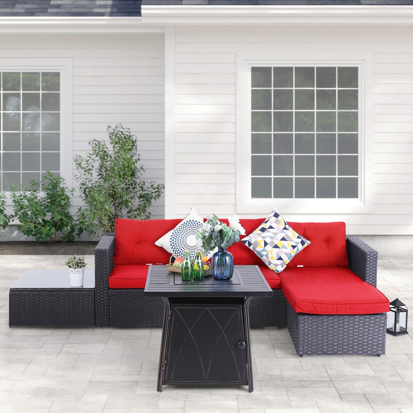 Sophia & William 4 Pieces Wicker Outdoor Sectionals with Fire Pit Table, Red