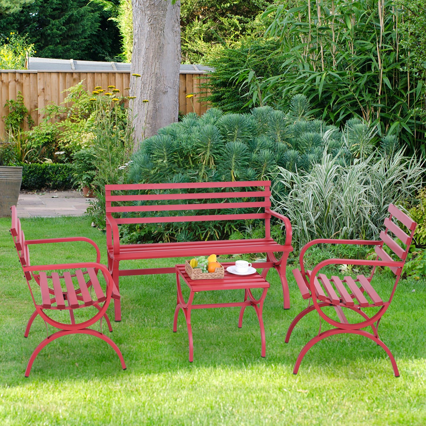 Sophia & William 4 Pieces Outdoor Metal Bench Table Set Patio Conversation Set - Red