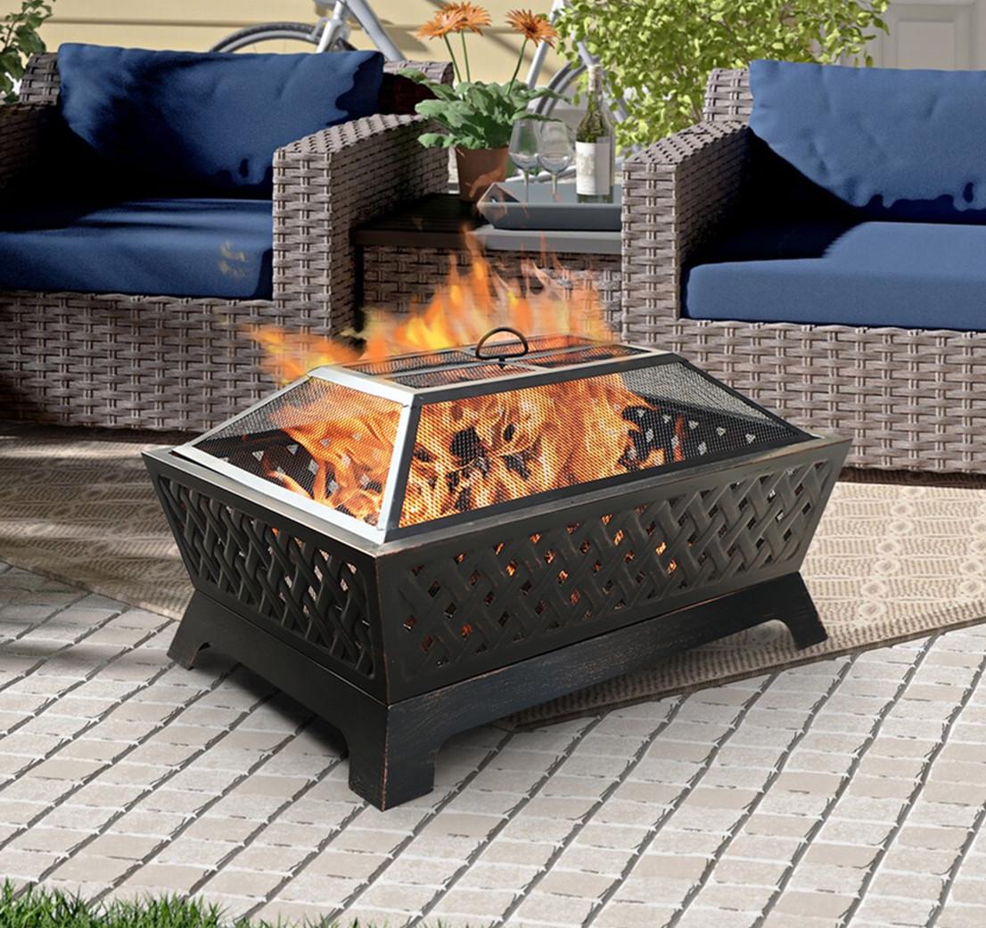 Sophia & William 34" x 24" Wood Bronze Finish Steel and Metal Fire Pit