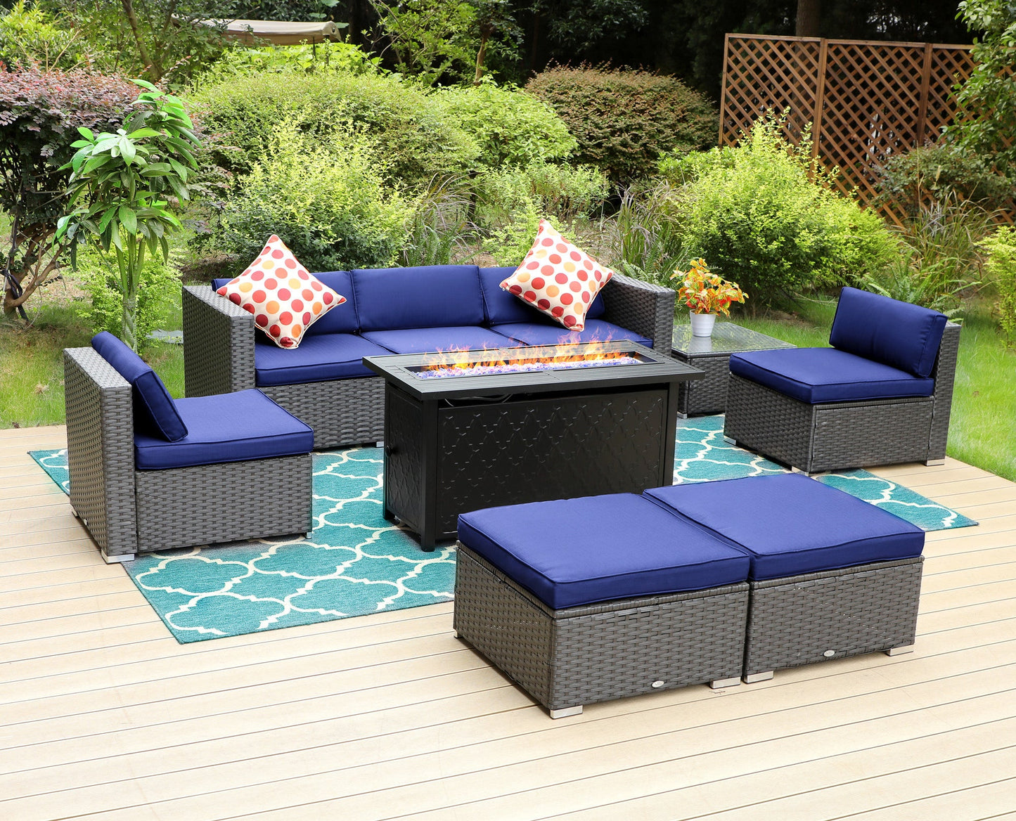 Sophia & William 9 Pcs Rattan Patio Conversation Set Outdoor Sectionals with Fire Pit Table - Navy Blue