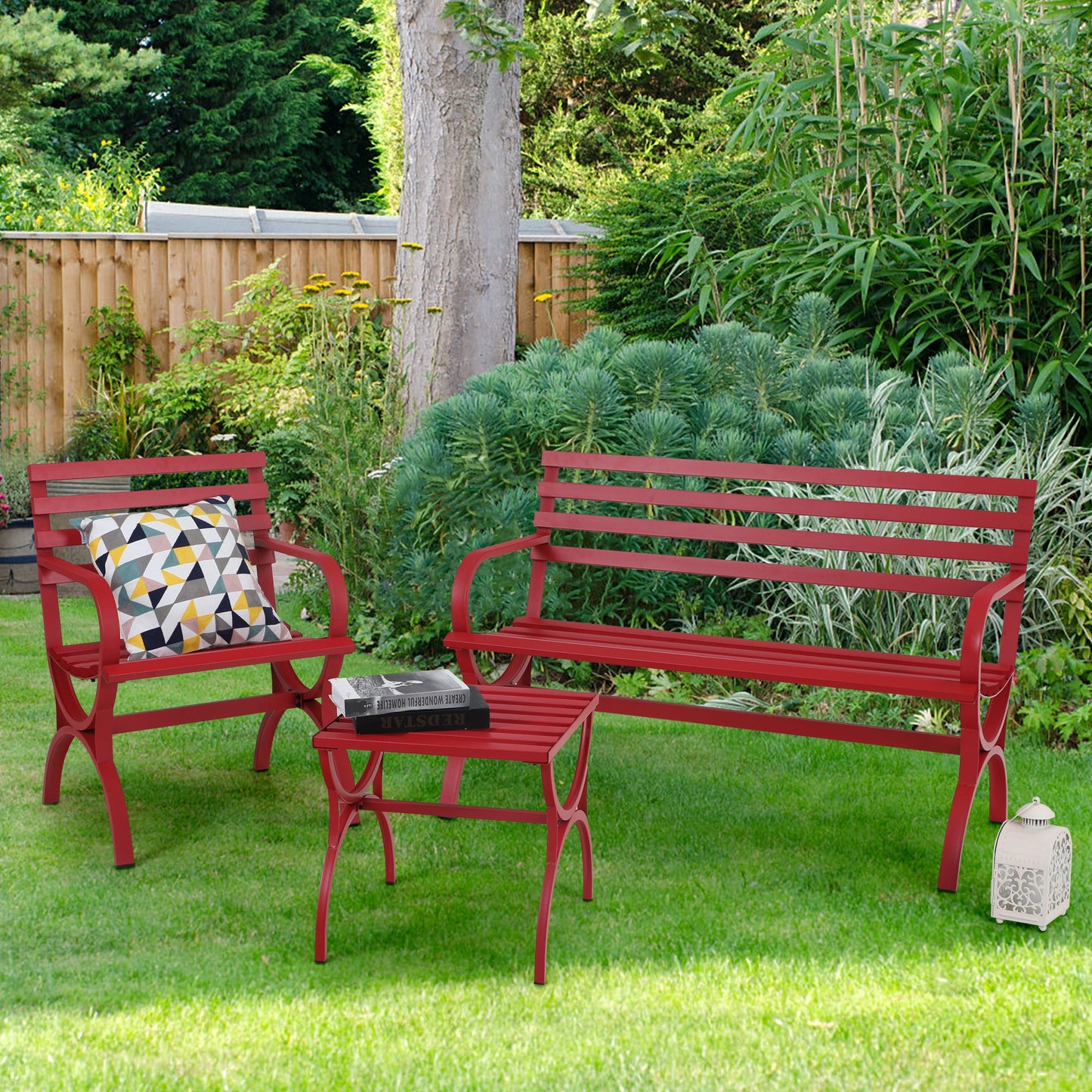 Sophia & William 3 Pieces Outdoor Metal Bench Table Set Patio Conversation Set - Red