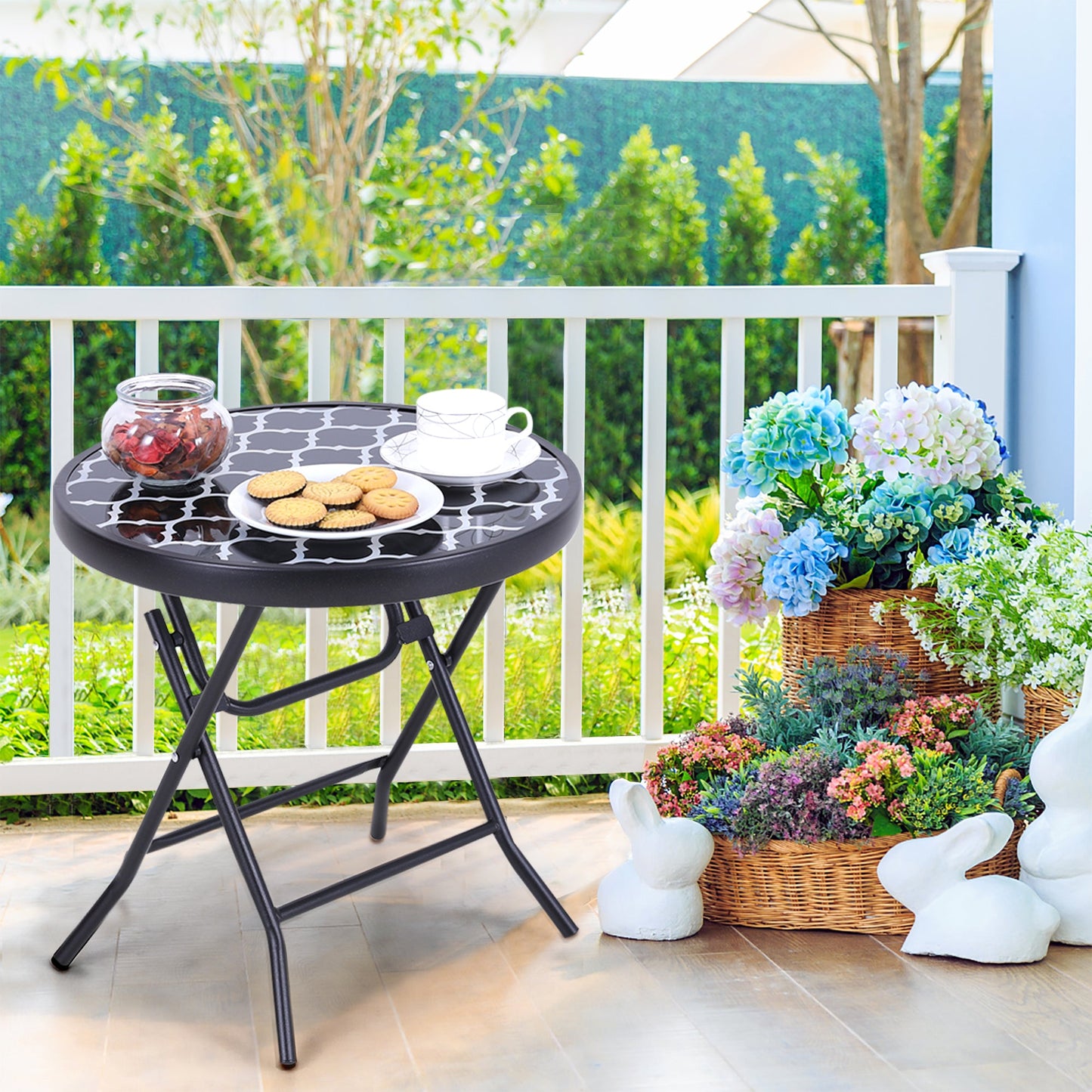 Sophia & William 18 inch Patio Round Folding Side Table Small Portable Bistro Coffee Table Tempered Glass Top