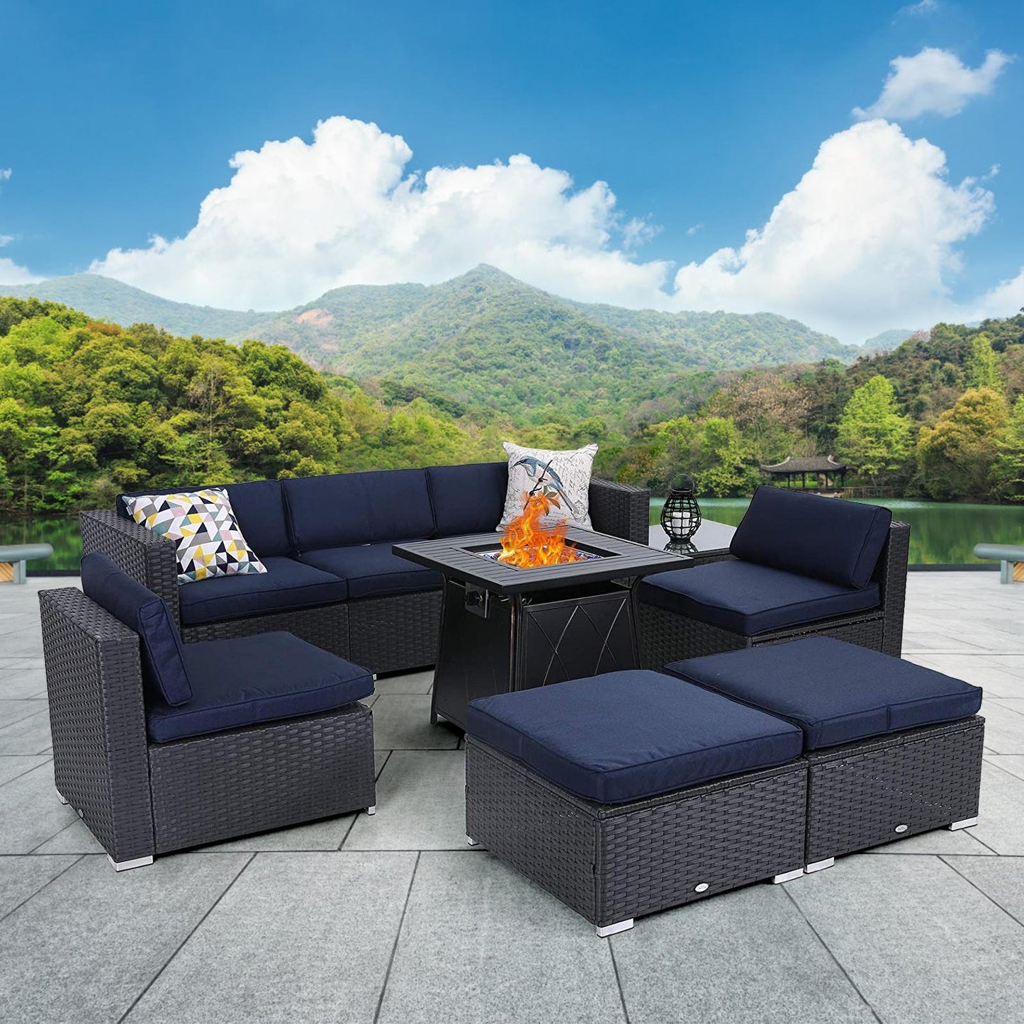 Sophia & William 9 Pcs Rattan Patio Conversation Set Outdoor Sectionals with Fire Pit Table - Navy Blue