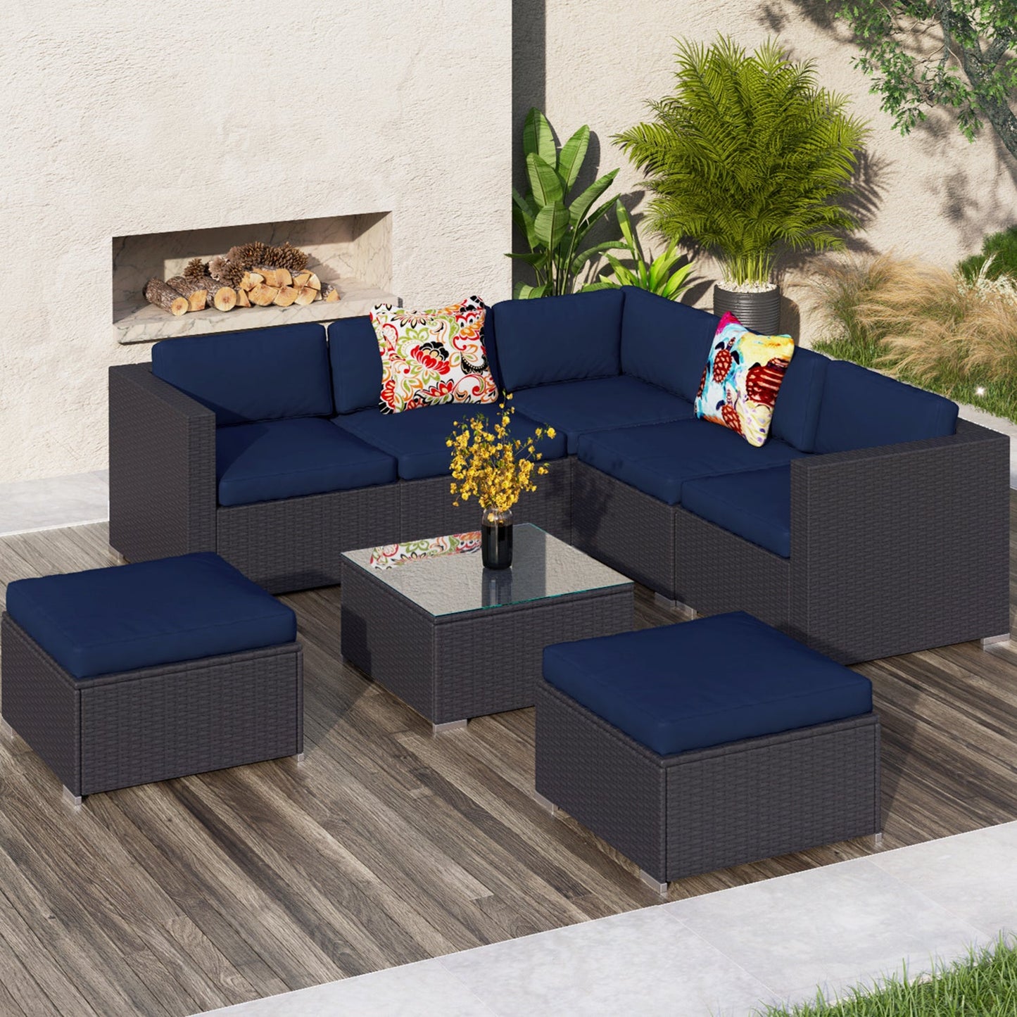 Sophia & William 8 Pcs Wicker Rattan Outdoor Sectionals Patio Conversation Sets - Blue