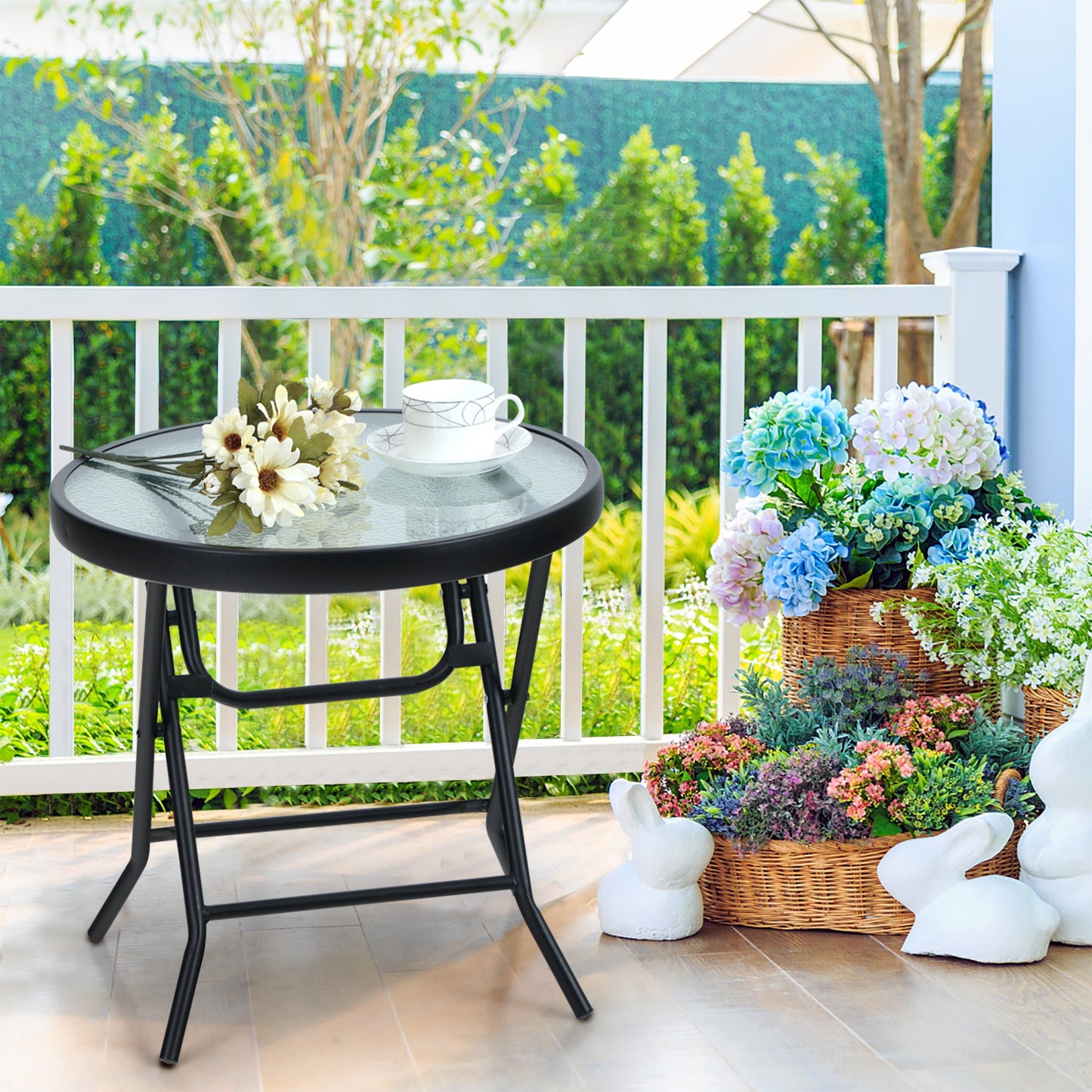 Sophia & William 18 inch Patio Round Folding Side Table Small Portable Bistro Coffee Table Tempered Glass Top Clear