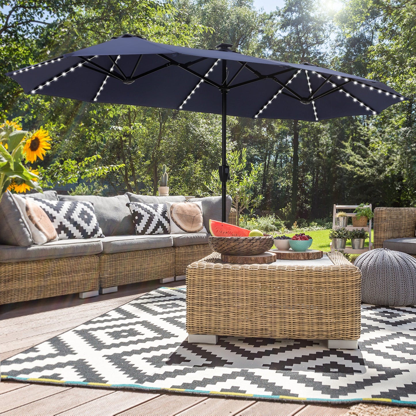 Alpha Joy 13ft Large Double-Sided Outdoor Patio Umbrella with Colorful Solar Lights, Navy Blue
