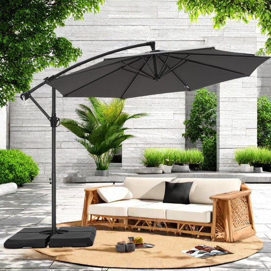 Alpha Joy 10ft Outdoor Patio Offset Market Hanging Umbrella with 8 Steel Ribs & Cross Base(No Weight), Grey