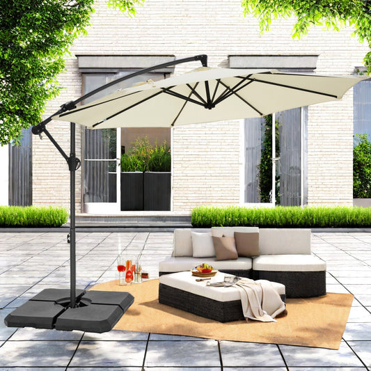 Alpha Joy 10ft Outdoor Patio Offset Market Hanging Umbrella with 8 Steel Ribs & Cross Base(Include Weight), White
