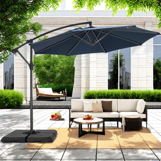 Alpha Joy 10ft Outdoor Patio Offset Market Hanging Umbrella with 8 Steel Ribs & Cross Base(Include Weight), Navy Blue