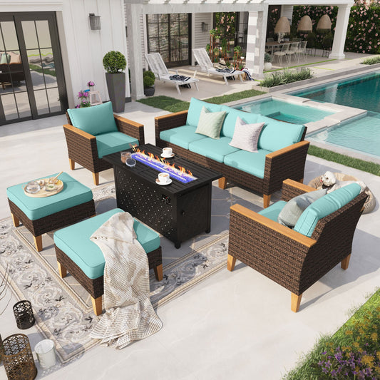 Sophia & William 8 Piece Outdoor Wicker Patio Conversation Sofa Set with Fire Pit Table, Turquoise