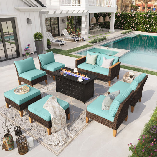 Sophia & William 9 Piece Outdoor Wicker Patio Conversation Sofa Set with Fire Pit Table, Turquoise