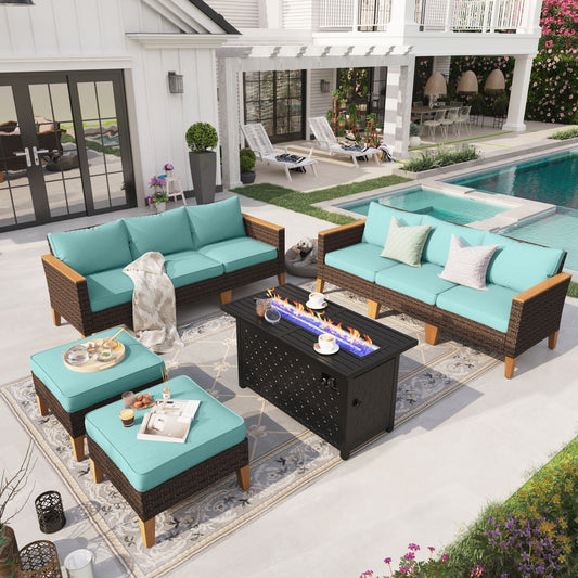 Sophia & William 9 Piece Outdoor Wicker Patio Conversation Sofa Set with Fire Pit Table, Turquoise