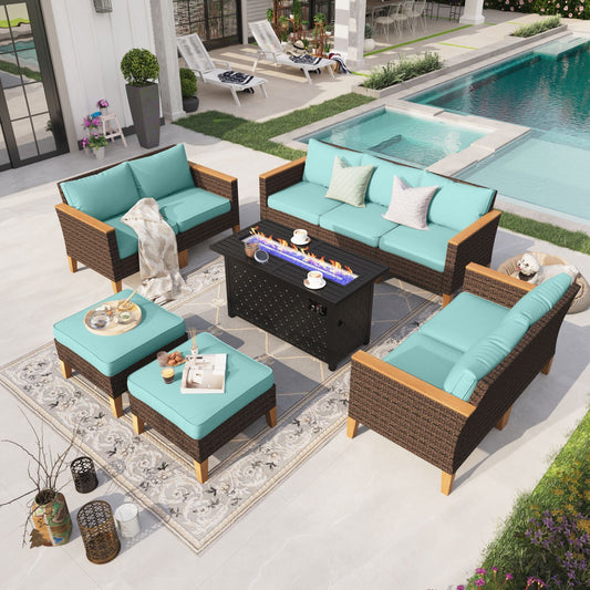 Sophia & William 10 Piece Outdoor Wicker Patio Conversation Sofa Set with Fire Pit Table, Turquoise