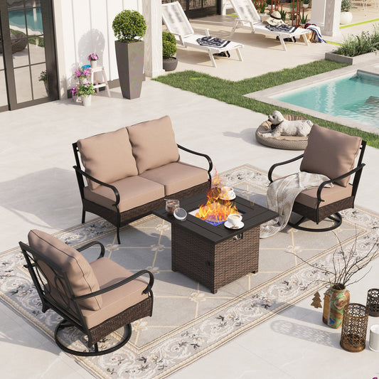Sophia & William 4 Piece Metal Patio Conversation Sofa Set 4-Seat Outdoor Sectionals with Fire Pit Table