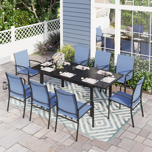 Sophia & William 9 Piece Patio Metal Dining Set Extendable Table and 8 Blue Textilene Chairs