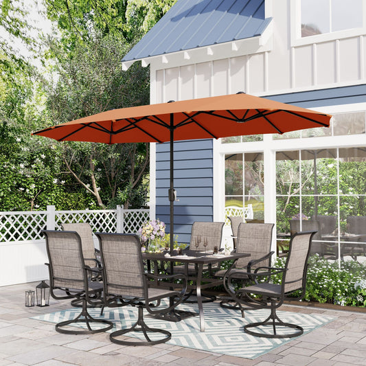 Sophia & William 8-Piece Outdoor Patio Set with 13 ft Umbrella, Rattan Chairs & Rectangle Table for 6, Orange Red Umbrella