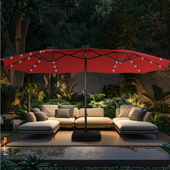 Alpha Joy 15ft Extra Large Outdoor Patio Double-Sided Umbrella with Solar Lights & Umbrella Base, Red