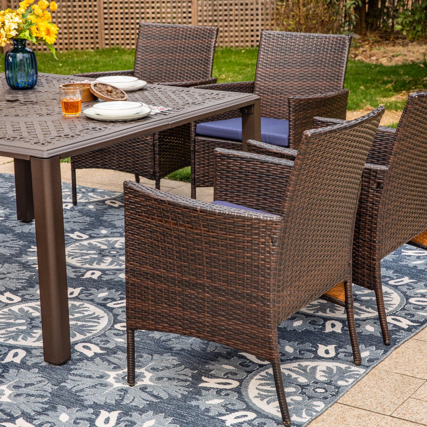 Sophia & William 9 Pieces Cast Aluminum Outdoor Patio Dining Set with Square Metal Dining Table & Cushioned Wicker Rattan Chairs for 8