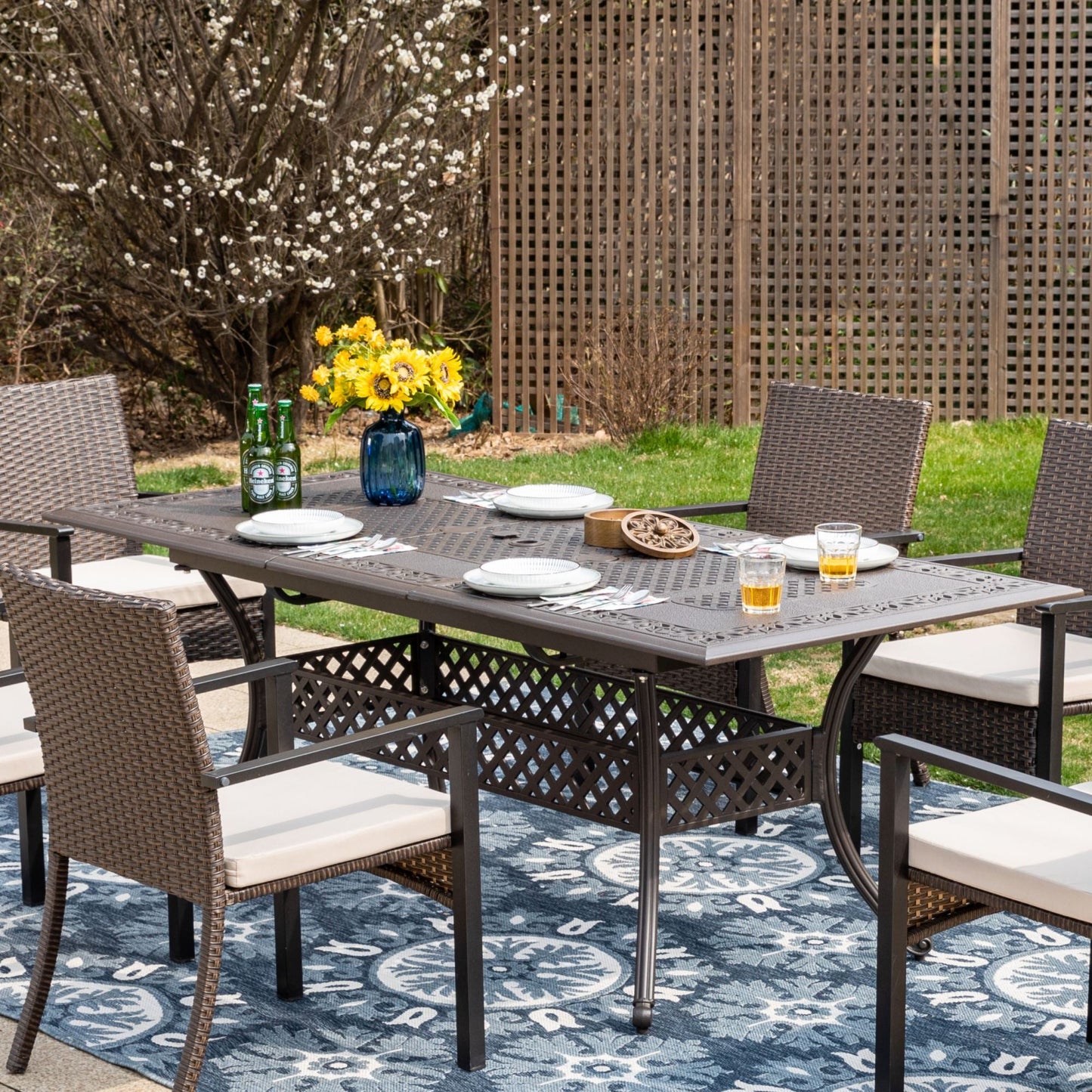 Sophia & William 7 Pieces Cast Aluminum Outdoor Patio Dining Set with Extendable Rectangular Metal Table & Cushioned Wicker Rattan Chairs for 6