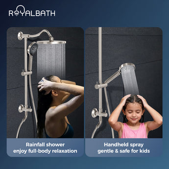 Rain Shower Head With Handheld Spray,9.5" High Pressure Rain Shower Combo with Stainless ROYALBATH Steel Frame and Multi Modes Handheld Spray,Height/Angle Adjustable(Brushed Nickel)